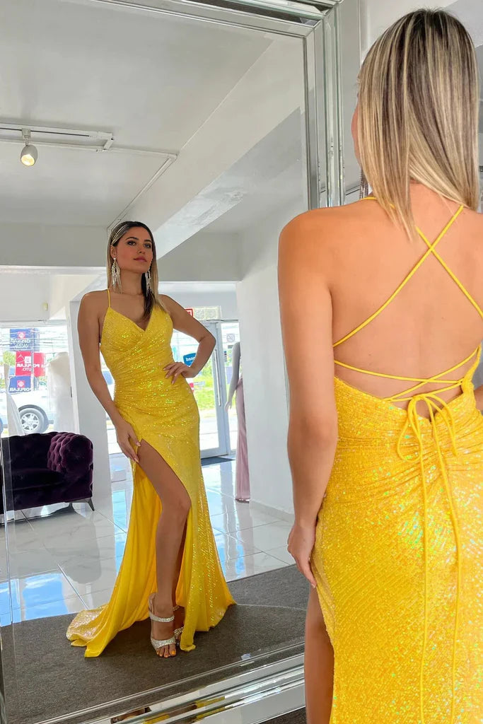 Vestido de fiesta largo de sirena con lentejuelas y encaje brillante con abertura